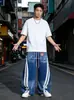 Pantalones Anchos con Estampado de Letras y Parches de Rayas Degradadas para Hombre, Pantalones Casuales Sueltos Estilo Campus de Verano para Mujer