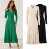 Vestido de Manga Larga con Solapa de Color Sólido para Mujer Suministro Exclusivo Transfronterizo Dobladillo Ancho Adelgazante Vestido maix Falda Larga de Punto para el Trabajo