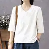 Camiseta lisa de color para verano 2026, nueva de manga corta, talla grande, top básico holgado de cuello en V, manga tres cuartos, versátil para mujer