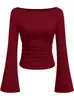Camiseta Base de Color Liso Adelgazante con Cintura Ceñida, Manga Larga, Estilo Europeo y Americano Chica Picante, de Un Hombro con Manga Acampanada, Larga, para Mujer, Nuevo Estilo 26