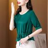 Camiseta de manga curta feminina 2023 verão nova moda elegante camisa pequena elegante cintura cordão sólido cor redonda pescoço top