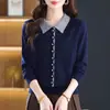 26 Otoño Nuevo Tallas Grandes Prendas de Punto de Alta Gama para Mujer de Mediana Edad Holgado Talla Grande Top con Solapa Cubre Vientre Suéter Base Elegante