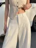 Pantalones de lino de pierna ancha para mujer, verano 2026, finos, de cintura alta, fluidos, estilo "old money", de pierna recta, mezcla de algodón y lino, pantalones casuales tipo traje