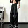 Calça Cargo Plissada de Caimento Solto para Adolescentes Outono Masculina, Calça Paratrooper Tendência Estilo Americano de Perna Reta, Calça Casual de Perna Larga com Patchwork