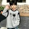 Camiseta de manga larga de algodón puro para niños, moda de primavera y otoño, capa base para niños, cuello redondo de dibujos animados, top holgado estampado versátil, camiseta moderna