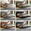 Cama de Casal de Tecido Chenille Verde Retrô Minimalista Moderna Encosto Estofado Macio Quarto Principal Luxo Leve Casa Madeira Maciça Cama de Casamento