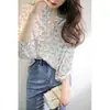 Blusa casual holgada adelgazante de diseño nuevo para primavera y verano con estampado floral pequeño estilo francés y mangas tipo linterna, camisa de gasa para mujer