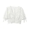Moda Francesa Retro de Verano 2026 Mezcla de Lino Lunares Camisa Top Corto Cuello en V 0387073