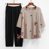 Verano Nuevo Ropa para Mujer de Mediana Edad y Adulta Mayor Talla Grande Estilo Étnico Bordado Manga Tres Cuartos Traje Camiseta Estilo de Mamá Top
