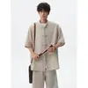 Nuevo Traje de Camisa de Manga Corta con Aspecto de Lino Estilo Chino para Hombre Verano Nuevo Cuello Alto Botón de Rana Pantalones Cortos Traje Zhongshan Conjunto de Dos Piezas