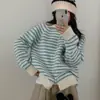 Suéter de tricô listrado de manga longa feminino vintage estilo coreano, novo cardigã versátil solto para outono e inverno de 2026 para mulheres