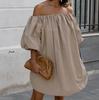 Vestido sexy com gola alta e manga bufante cáqui 2024, saia da moda europeia e americana para mulheres, atacado internacional