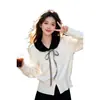 Novo top de malha estilo coreano para outono e inverno, elegante e doce, com laço e gola boneca, de caimento justo, para usar como peça externa