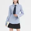Camisa de Manga Longa Listrada Azul Mi Xiao Tie Feminina Primavera Estilo Universitário Terno Camisa Base Interna Top