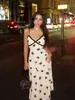 Vestido de Alça Longo Slim Estampado Moda Europeu e Americano Sexy Francês com Renda em Blocos Decote V Sem Mangas para Mulheres
