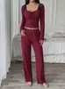 Europeu e Americano Transfronteiriço Verão 2026 Novo Top com Renda Patchwork e Manga Sino Calça Longa de Cintura Alta Wide Leg Roupa Casual para Casa
