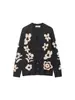 Cardigan Suéter Feminino Jacquard Floral Gola V de Botão Único Manga Longa, Novo Estilo Europeu e Americano Outono e Inverno