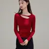 Camiseta de Seda Ecológica de 260g con Diseño Seductor y un Toque Sutil de Elegancia, Cuello Asimétrico con Corte Hueco para Mujer, Manga Larga Otoñal