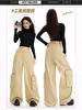 Jeans Color Caqui Uncle Carrot para Mujer, Nuevo Estilo de Invierno con Bolsillos Tridimensionales, Corte Holgado, Pantalones Cargo de Pierna Ancha Adelgazantes, de Largo Hasta el Suelo