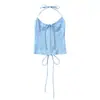 Atacado de Roupas Femininas Transfronteiriças Design Americano Garota Picante Tecido Cetim Espinha de Peixe Corset Costas Abertas Afina a Cintura Top de Amarrar no Pescoço