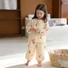 Conjunto de Pijama de Algodão Respirável com Estampa de Rolo Grande e Pequeno - Estilo Primavera e Outono - Para Meninos e Meninas - Roupa de Casa Pai e Filho -24000