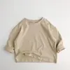 Algodão Puro Infantil Primavera e Outono Nova Camiseta Versátil Estilosa Manga Longa Unissex Bebê Cor Lisa Camada Base Crianças Pequenas e Médias Estilo Coreano