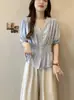 Ropa de mujer talla grande más vendida en el Sudeste Asiático: Nueva camisa elegante de manga corta con cintura entallada, top plisado de moda estilo francés