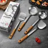 Acero inoxidable no magnético pala para verduras juego completo mango con veta de madera pala para olla de acero inoxidable cucharón para sopa pala para freír colador juego de caja de regalo