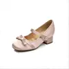 Sapatos de salto bloco com laço de cetim para mulheres, 7cm de altura, estilo fada 2026, Mary Janes de tira única com bico redondo