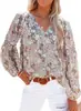 Nova Roupa Feminina Europeia e Americana Outono/Inverno Blusa de Chiffon com Decote V Manga Lanterna Feminina Camisa de Chiffon Floral com Estampa de Sangue