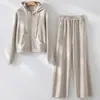Nuevo conjunto casual de dos piezas para principios de otoño, mezcla de lana y tencel, con capucha, cierre de cremallera, cuello alto, elástico, deportivo