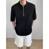Camisa Base Cor Sólida Manga Curta com Zíper Ombreiras Acolchoadas Corte Solto Estilo Coreano Versátil Roupa Casual Tendência Camiseta
