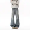 Calça Jeans Lavada com Padrão de Bambu Scimitar para Homens e Mulheres, Calça Reta Casual com Vibe Americana, Calça Longa Wide-Leg Tendência Cool