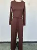 2025 Novo Produto Europeu e Americano Transfronteiriço Amazon Conjunto Casual de Cor Sólida Manga Longa Top Calça Wide Leg de Cintura Alta Roupa Esportiva
