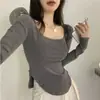 Camiseta Básica de Manga Larga de Color Sólido para Mujer, Top Casual con Cuello en U Amplio, Estilo Delgado Otoño e Invierno, Moda Ins para Mujer, Elegante Ropa de Oficina