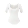 Camiseta de Verano para Mujer Estilo Hot Girl, Escote Cuadrado, Manga Media, Favorecedora de la Figura, Estilo Pura Pasión, Aspecto Adelgazante, Dobladillo Curvo