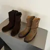 Botas femininas de cano médio em couro bovino envelhecido, novo estilo outono e inverno, couro genuíno, bico redondo, para calçar sem cadarço, salto médio robusto, botas únicas vintage envelhecidas para mulheres
