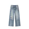 Jeans Azuis Rasgados de Verão 2026 Plus Size para Mulheres, Calças Largas Soltas com Design de Cintura Alta e Estilo Longo até o Chão
