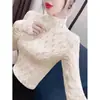Camada Base Feminina Gola Alta de Renda Camada Interna de Pelo Sintético Toque de Tricô Outono Inverno Novo Estilo Meia-Alta Top de Renda
