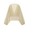 Venta Caliente Transfronteriza de AliExpress Primavera 2026 Nuevo Top de Mujer de Color Sólido con Mangas Largas y Cuello en V con Retazos 4770801
