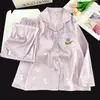 Estilo Chino Estilo Antiguo Bata Acolchada para Mujer Seda de Hielo Elegante Manga Larga Pantalón Largo Primavera Otoño Seda de Hielo Nieve Conjunto de Ropa para el Hogar
