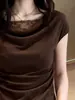 Elegante Camiseta de Manga Corta para Mujer con Adorno de Encaje Fruncido, Nuevo Diseño de Verano, Top Ceñidor y Adelgazante A12027
