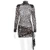 Vestido nuevo de primavera 2025 transfronterizo entre Europa y Estados Unidos, de malla de leopardo, ajustado, de manga larga, con cuello redondo, falda sexy a la cadera