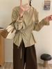 Blusa Asimétrica Nueva de Primavera Temprana y Otoño Estilo Coreano Chic con Botones Laterales y Cinturón Cuello Redondo Manga Larga Ropa para Mujer 6 Colores