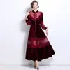 Elegante Europeu e Americano Renda Solúvel em Água Costurada Veludo Babados Fila Única Pérola Fivela Tira Cintura Veludo Vestido Grande Godê