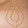 Conjunto de 3 piezas elegante de moda con lazo de metal a juego, collar, pulsera, pendientes y perlas de imitación para mujer.