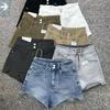 Shorts de mezclilla de tres puntos elásticos que cubren la cadera para mujer de cintura alta 2023 nuevo estilo asimétricos para chica gorda línea A cintura pantalones cortos sexys