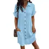 Vestido Casual Solto de Manga Curta, Cor Sólida, Gola V, Comprimento Médio, Botões Únicos, Casual, Cruzado Europeu e Americano, Amazon, 2026, para Mulheres