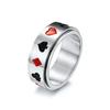 Anillo giratorio de acero y titanio con diseño de naipes cuadrados de picas y flor de ciruelo rojo. Joyería transfronteriza disponible al por mayor.
