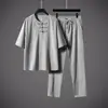 Verano 2026 Nuevo Estilo Chino Traje Tang para Hombre Tencel Lino Gama Alta Manga Corta Lujo Ligero Pantalones Largos Conjunto Casual para Hombre